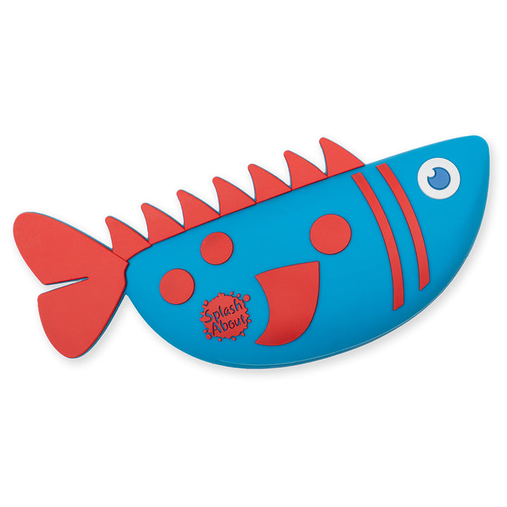 Flat lay image of a blue and red silicone fish toy