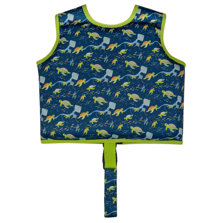 Swim vest for toddlers with non-removable floats in navy, bright green trims, and turtles and mantarays themed print. Back.