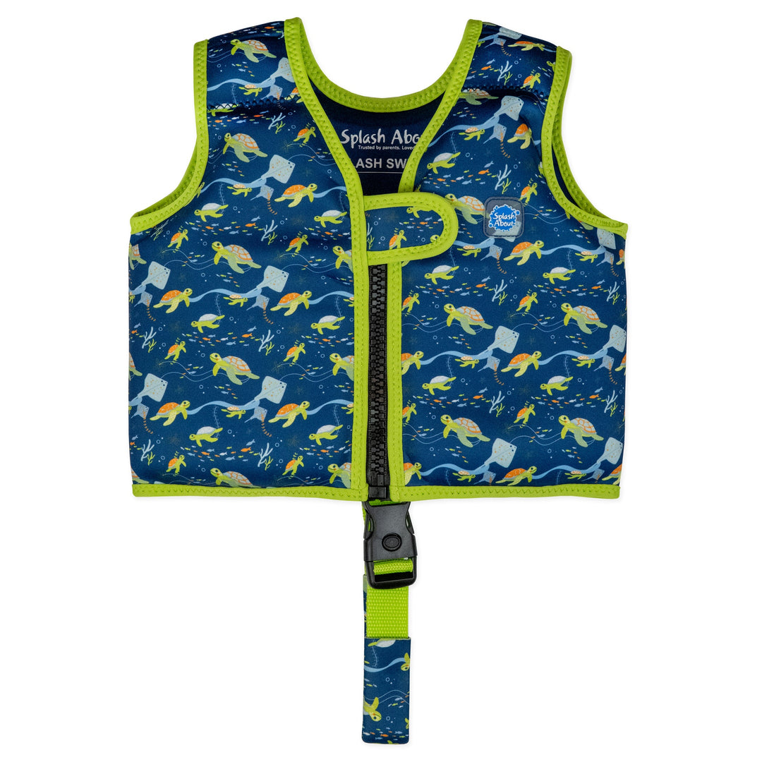 Swim vest for toddlers with non-removable floats in navy, bright green trims, and turtles and mantarays themed print. Front.