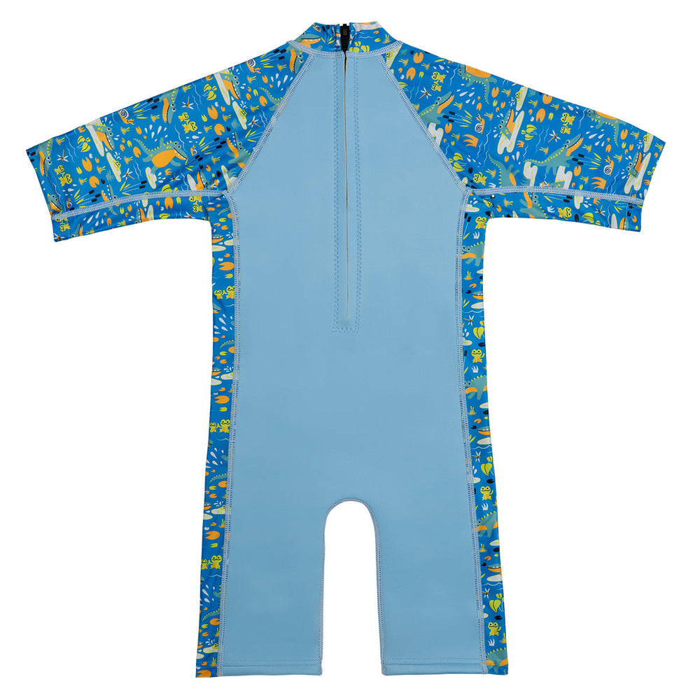 One piece UV sun and sea wetsuit for toddlers in blue, featuring crocodiles and frogs themed print on sleeves, side panels, neck and chest. Back.