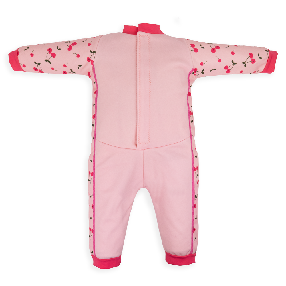 Flat lay image of fleece-lined baby wetsuit in pink with cherries themed print. Back.