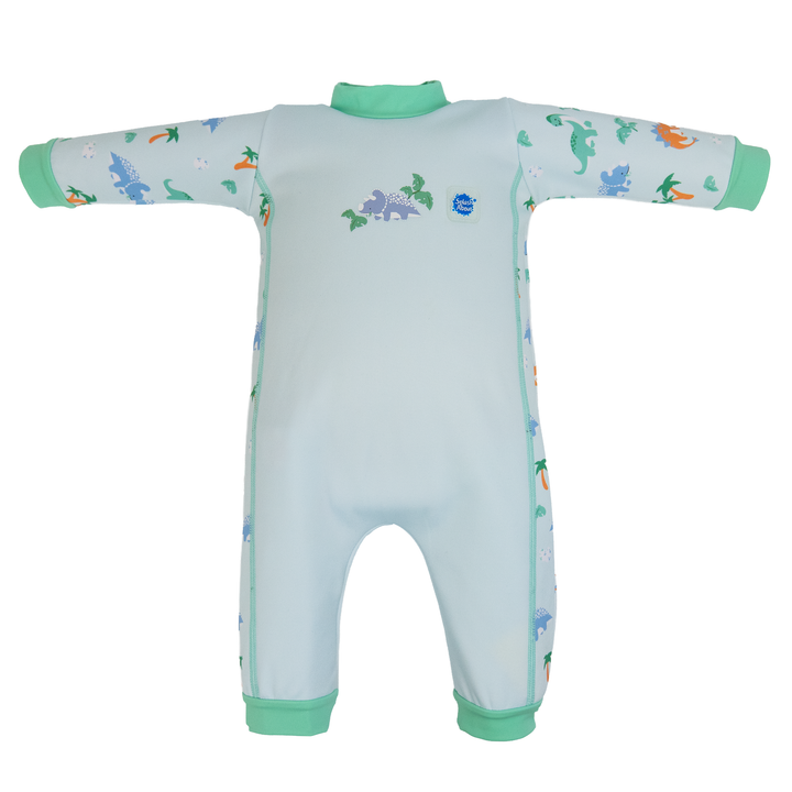 Flat lay image of fleece-lined baby wetsuit in baby blue with mint trims and dinosaurs themed print. Front.