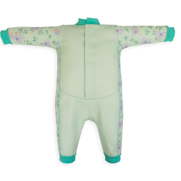 Flat lay image of fleece-lined baby wetsuit in light green with mint trims and koalas themed print. Back.
