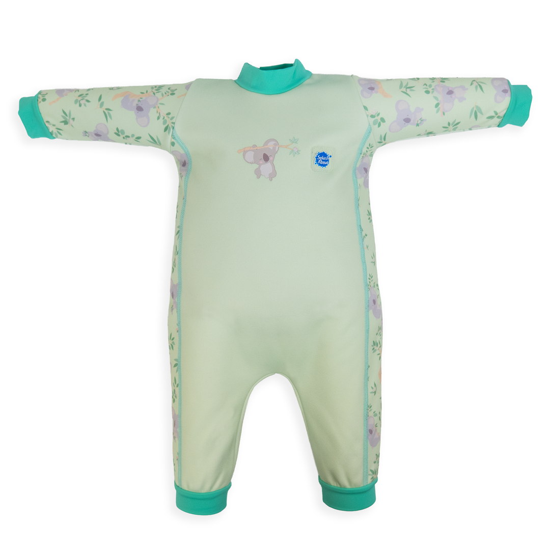 Flat lay image of fleece-lined baby wetsuit in light green with mint trims and koalas themed print. Front.