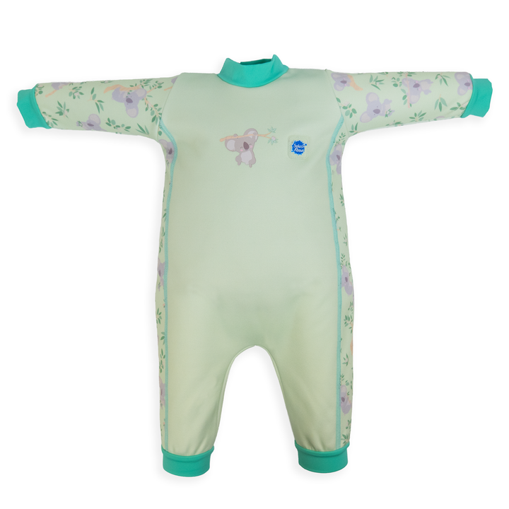 Flat lay image of fleece-lined baby wetsuit in light green with mint trims and koalas themed print. Front.