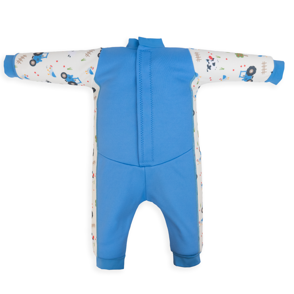 Flat lay image of fleece-lined baby wetsuit in white and blue with farm themed print. Back.
