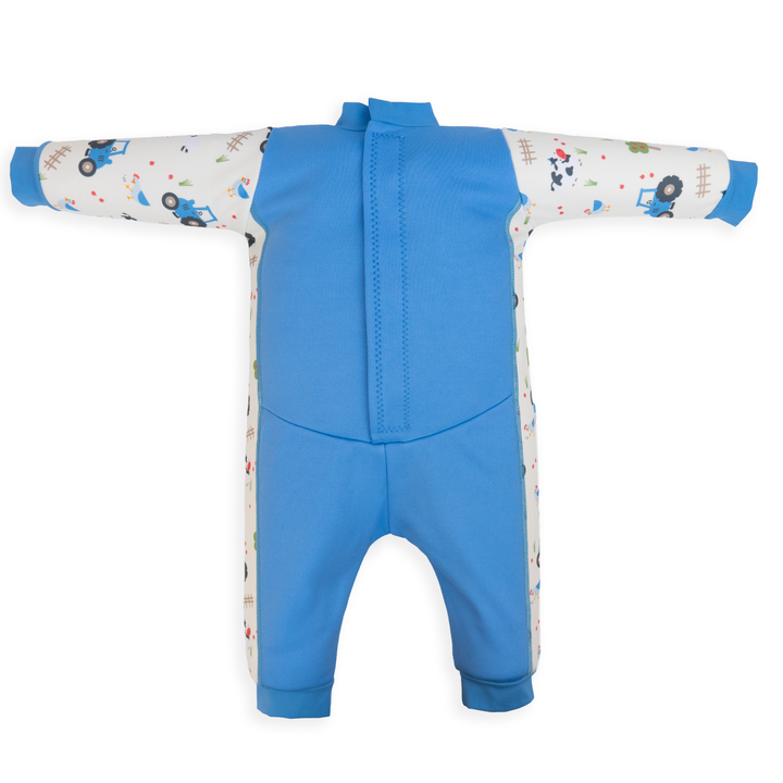 Flat lay image of fleece-lined baby wetsuit in white and blue with farm themed print. Back.
