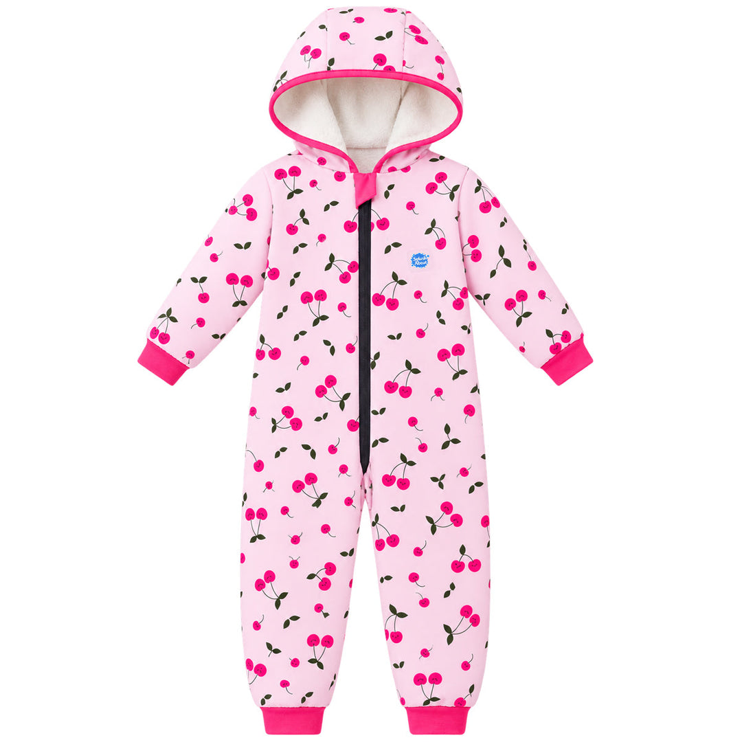 Waterproof fleece-lined onesie with hood in pink and cherries themed print. Hot pink trims. Front.