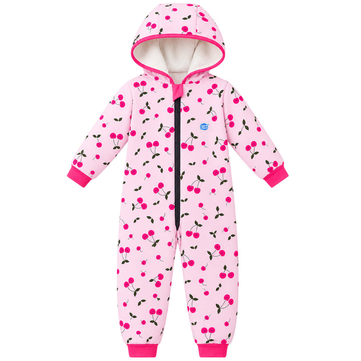 Waterproof fleece-lined onesie with hood in pink and cherries themed print. Hot pink trims. Front.