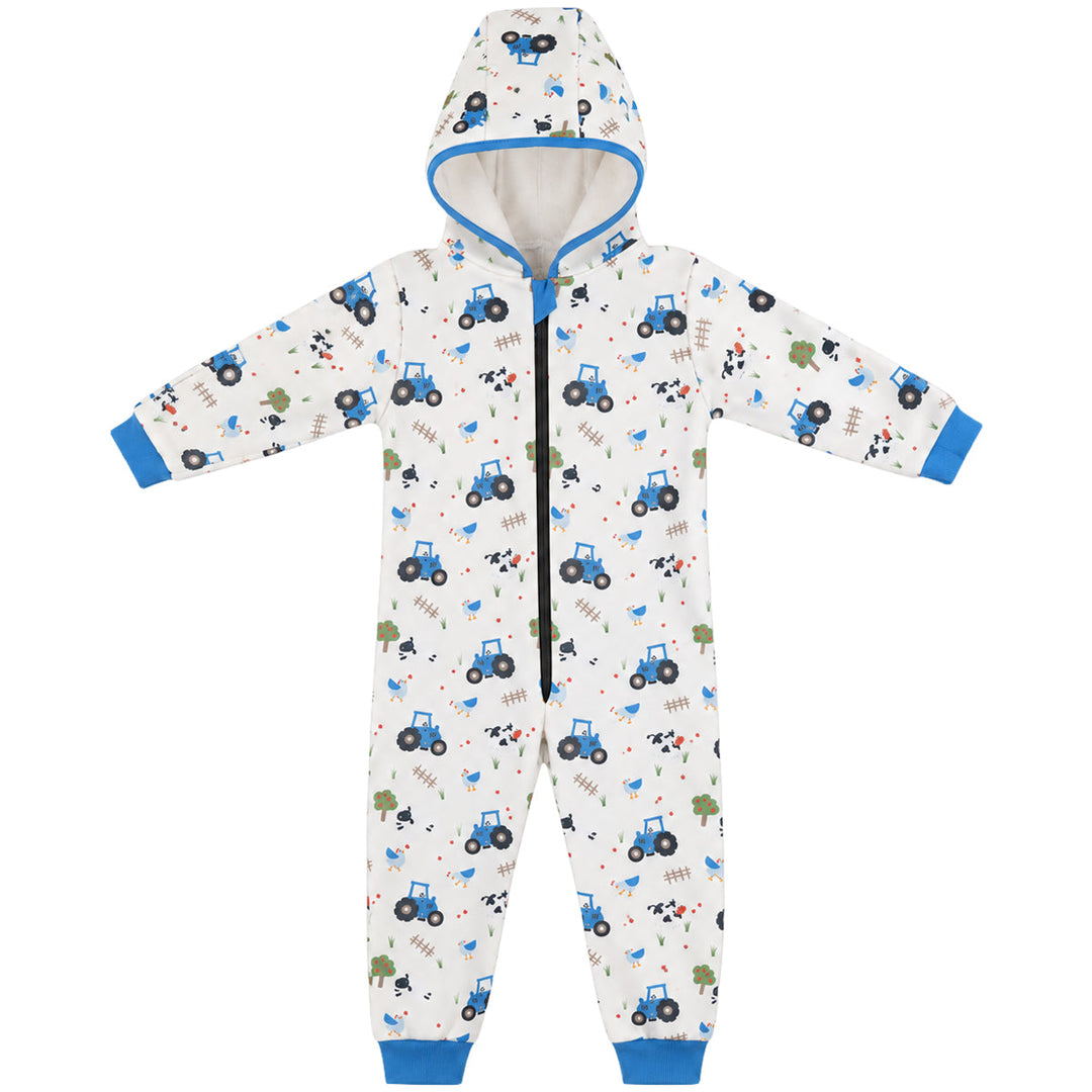 Waterproof fleece-lined onesie with hood in white and farm themed print. Blue trims. Front.