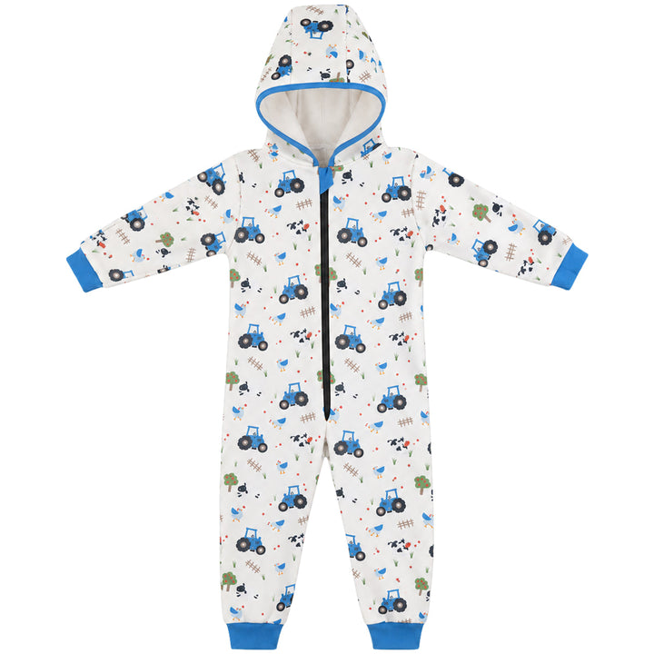 Waterproof fleece-lined onesie with hood in white and farm themed print. Blue trims. Front.