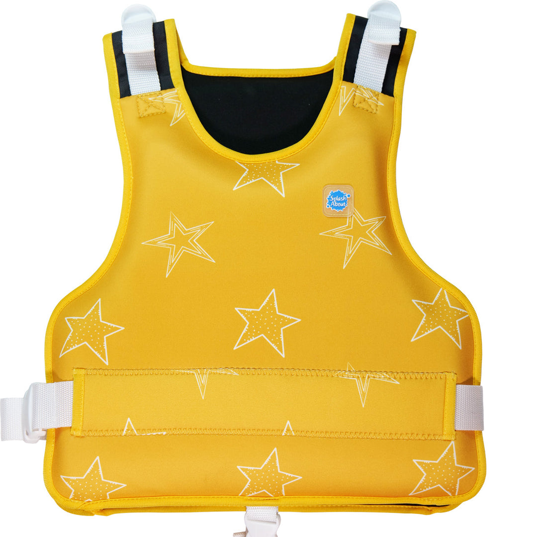 Neoprene swim vest for children with non-removable floats in bright yellow, and white stars themed print. Front.