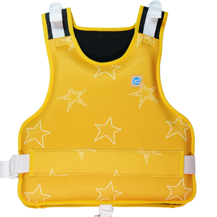 Neoprene swim vest for children with non-removable floats in bright yellow, and white stars themed print. Front.