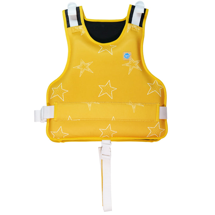 Neoprene swim vest for children with non-removable floats in bright yellow, and white stars themed print, front.