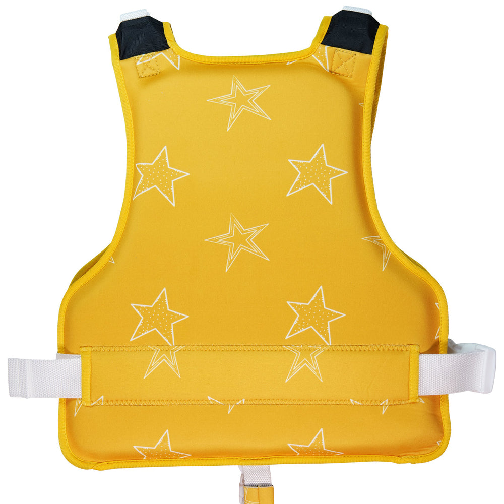 Neoprene swim vest for children with non-removable floats in bright yellow, and white stars themed print. Back.