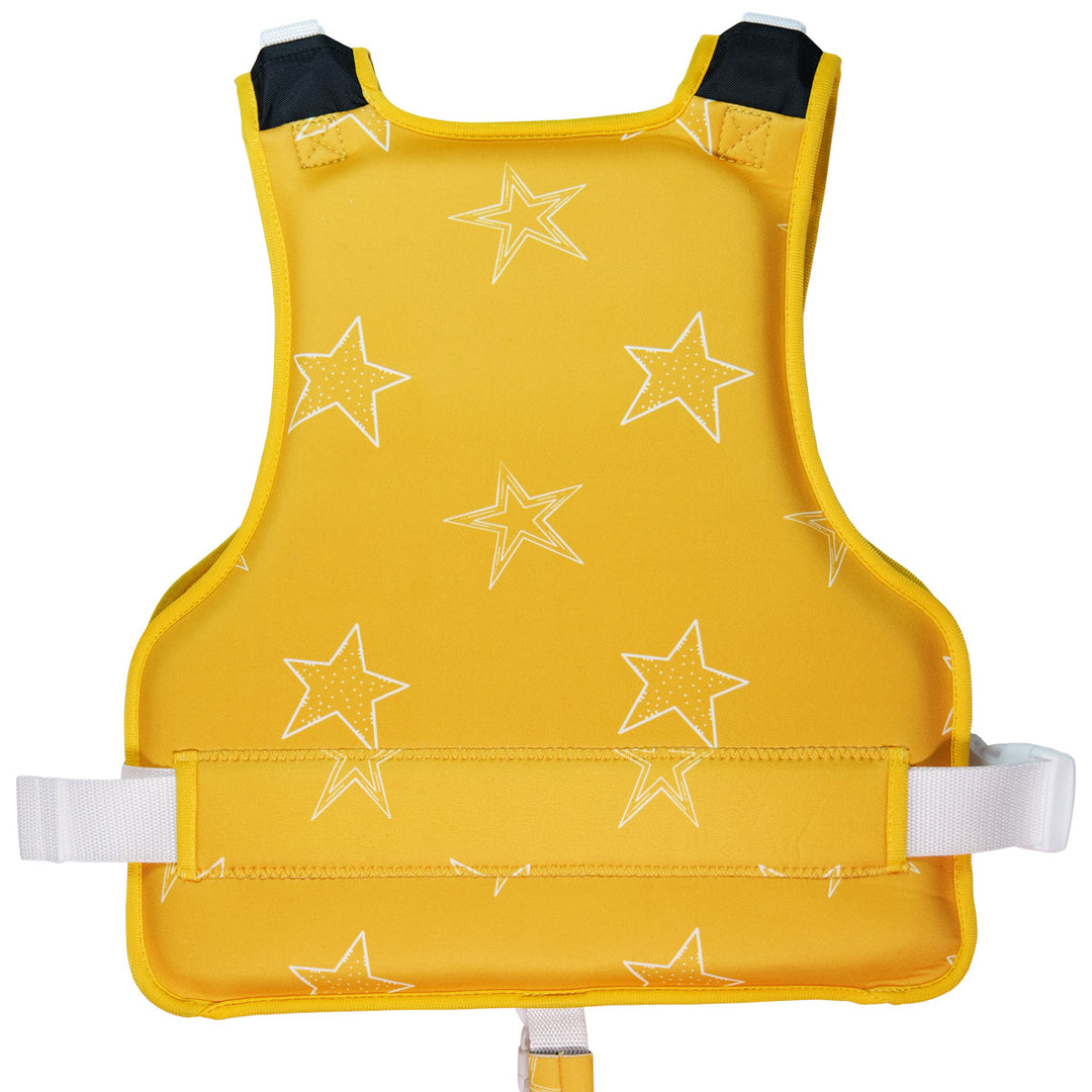 Neoprene swim vest for children with non-removable floats in bright yellow, and white stars themed print. Back.