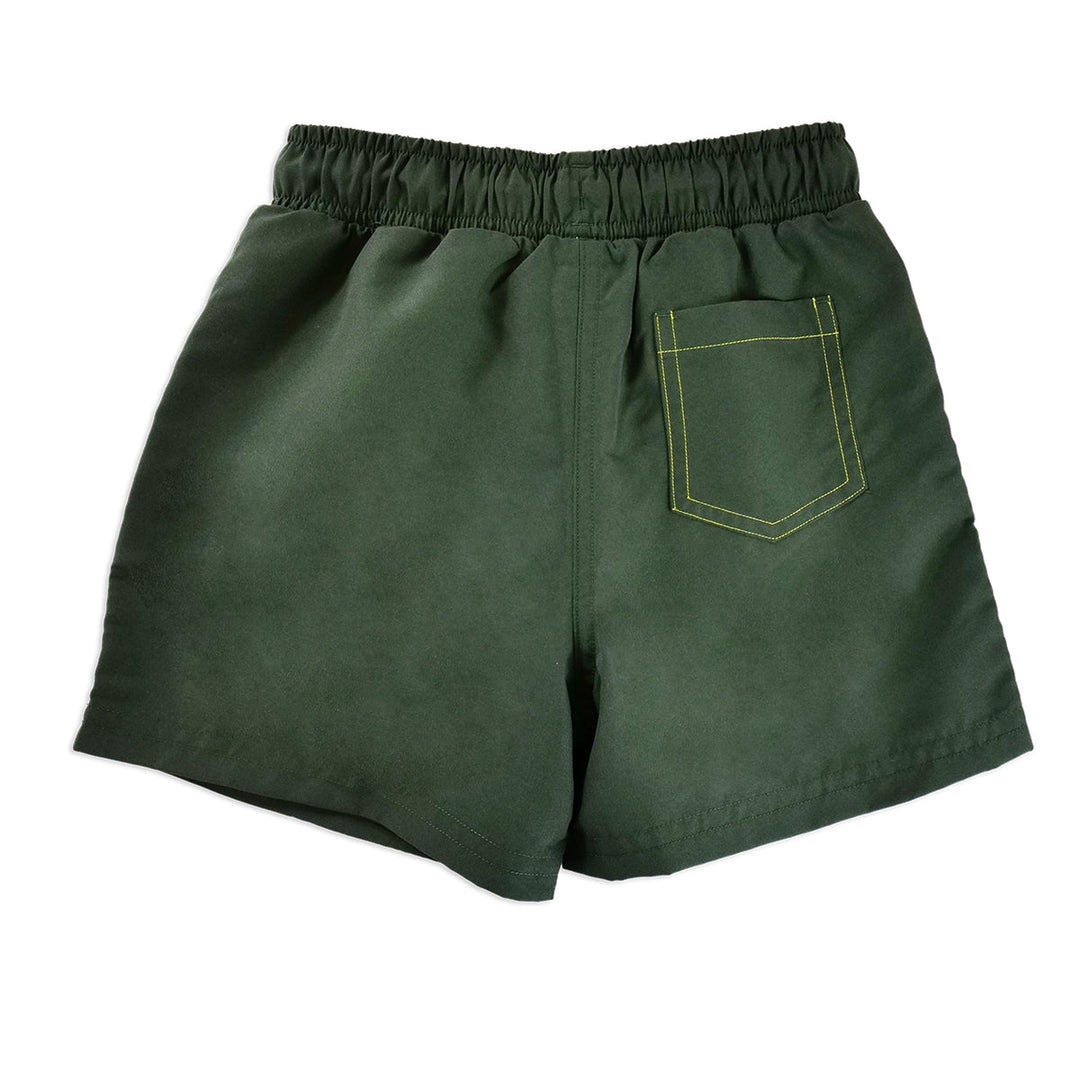 Forest green swim shorts for boys, back.