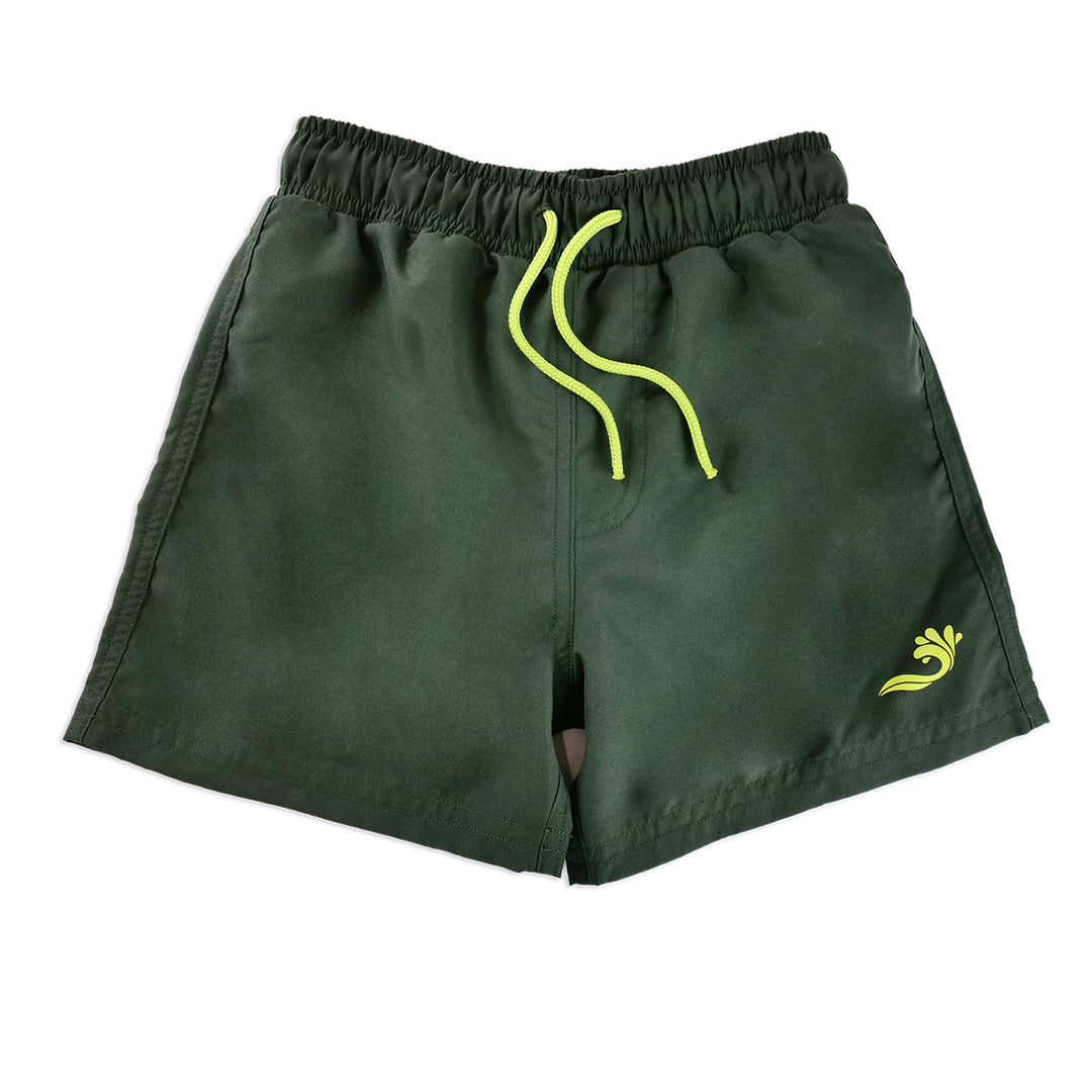 Forest green swim shorts for boys, front.