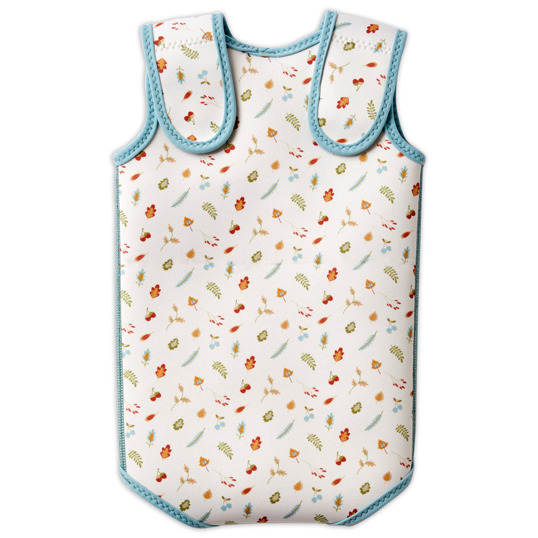 Neoprene baby wrap wetsuit in white with blue trims and autumn themed print. Back.