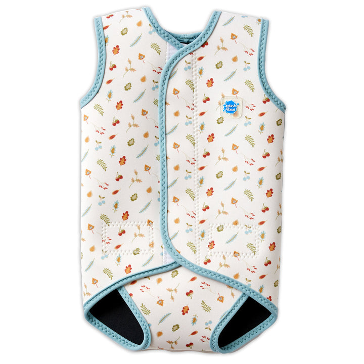 Neoprene baby wrap wetsuit in white with blue trims and autumn themed print. Front.