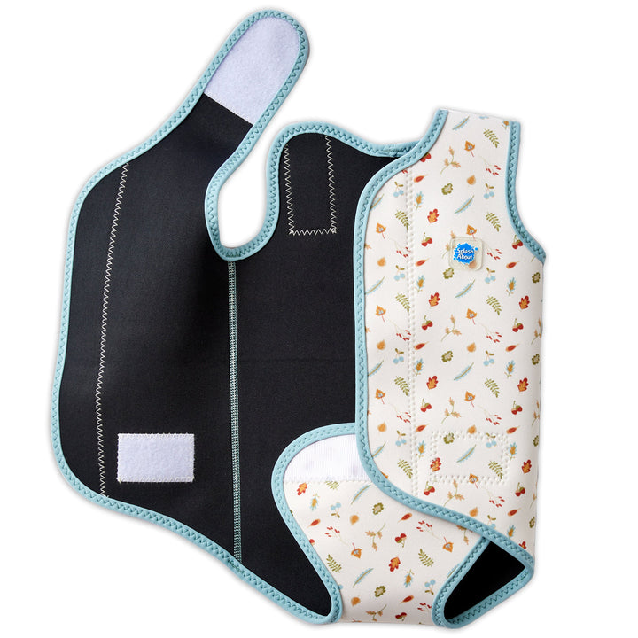 Neoprene baby wrap wetsuit in white with blue trims and autumn themed print. Open.