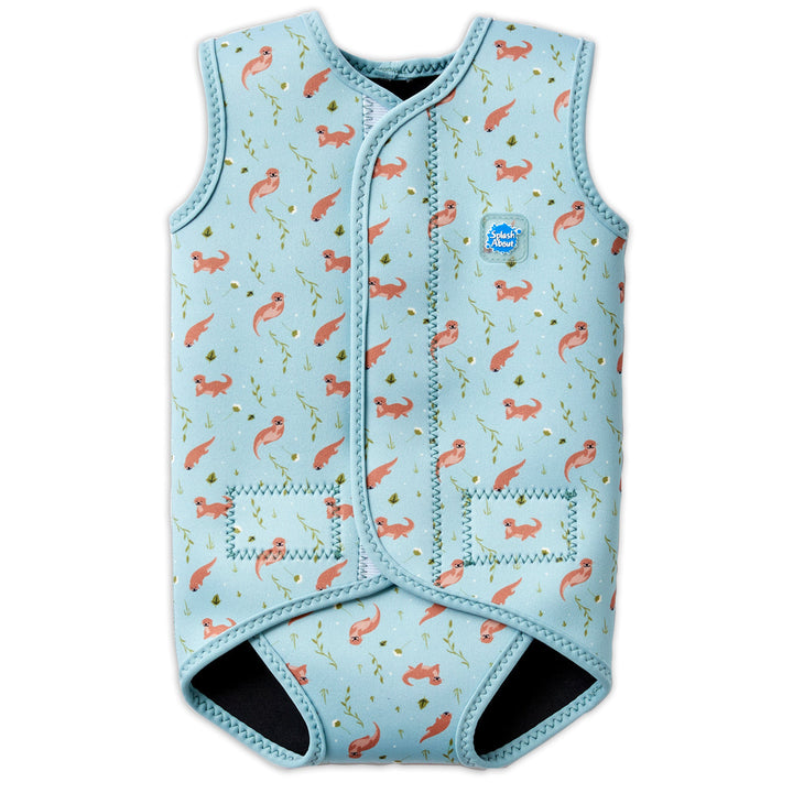 Neoprene baby wrap wetsuit in baby blue and otters themed print. Front.