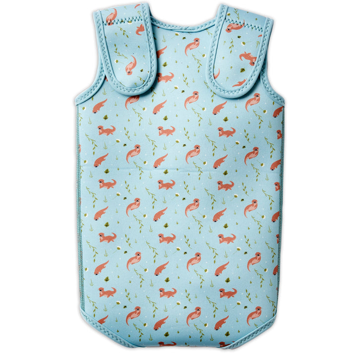 Neoprene baby wrap wetsuit in baby blue and otters themed print. Back.