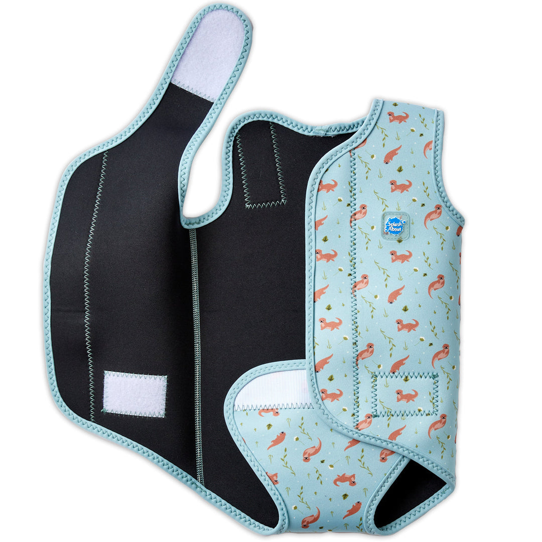 Neoprene baby wrap wetsuit in baby blue and otters themed print. Open.