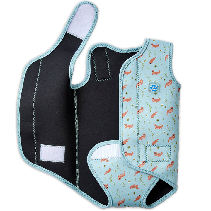 Neoprene baby wrap wetsuit in baby blue and otters themed print. Open.