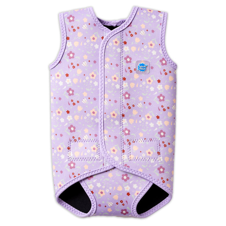 Neoprene baby wrap wetsuit in lilac with floral print. Front.