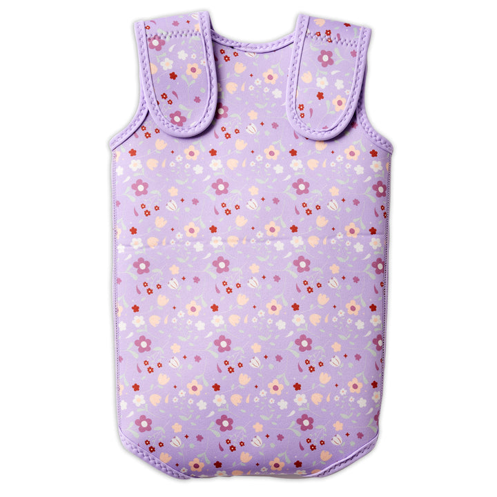 Neoprene baby wrap wetsuit in lilac with floral print. Back.