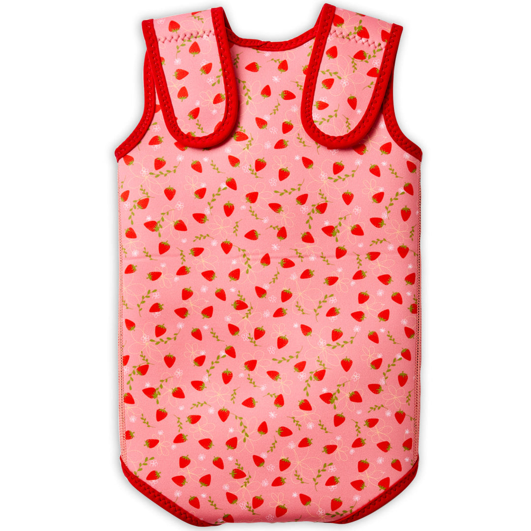 Neoprene baby wrap wetsuit in pink and red with strawberries themed print. Back.