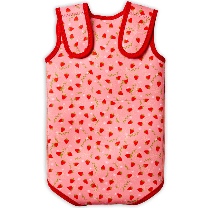 Neoprene baby wrap wetsuit in pink and red with strawberries themed print. Back.