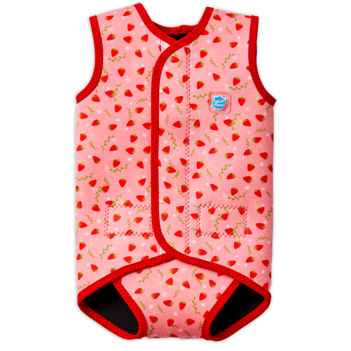 Neoprene baby wrap wetsuit in pink and red with strawberries themed print. Front.