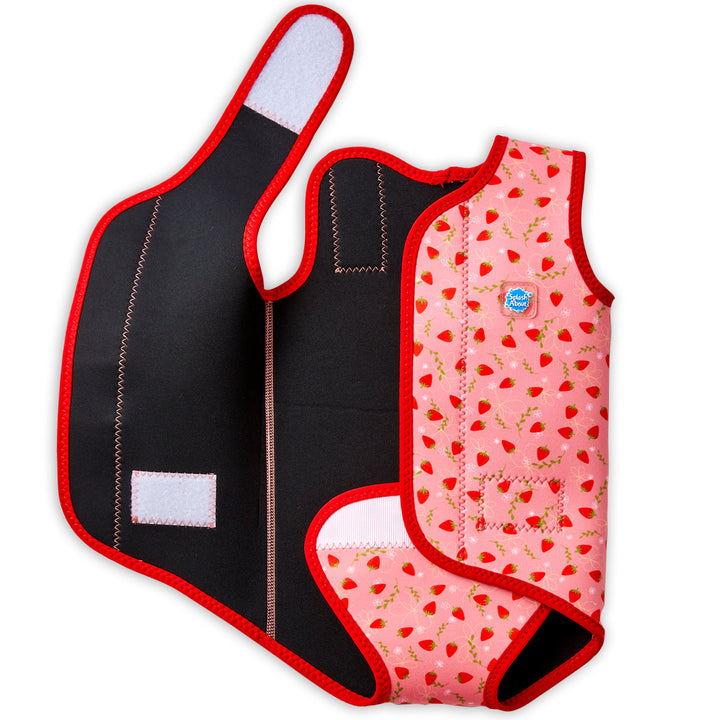 Neoprene baby wrap wetsuit in pink and red with strawberries themed print. Open.