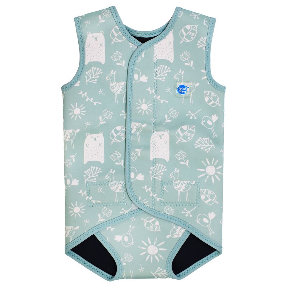 Neoprene baby wrap wetsuit in greenish blue with animals themed print, including bears, llamas, birds, suns and flowers. Front.