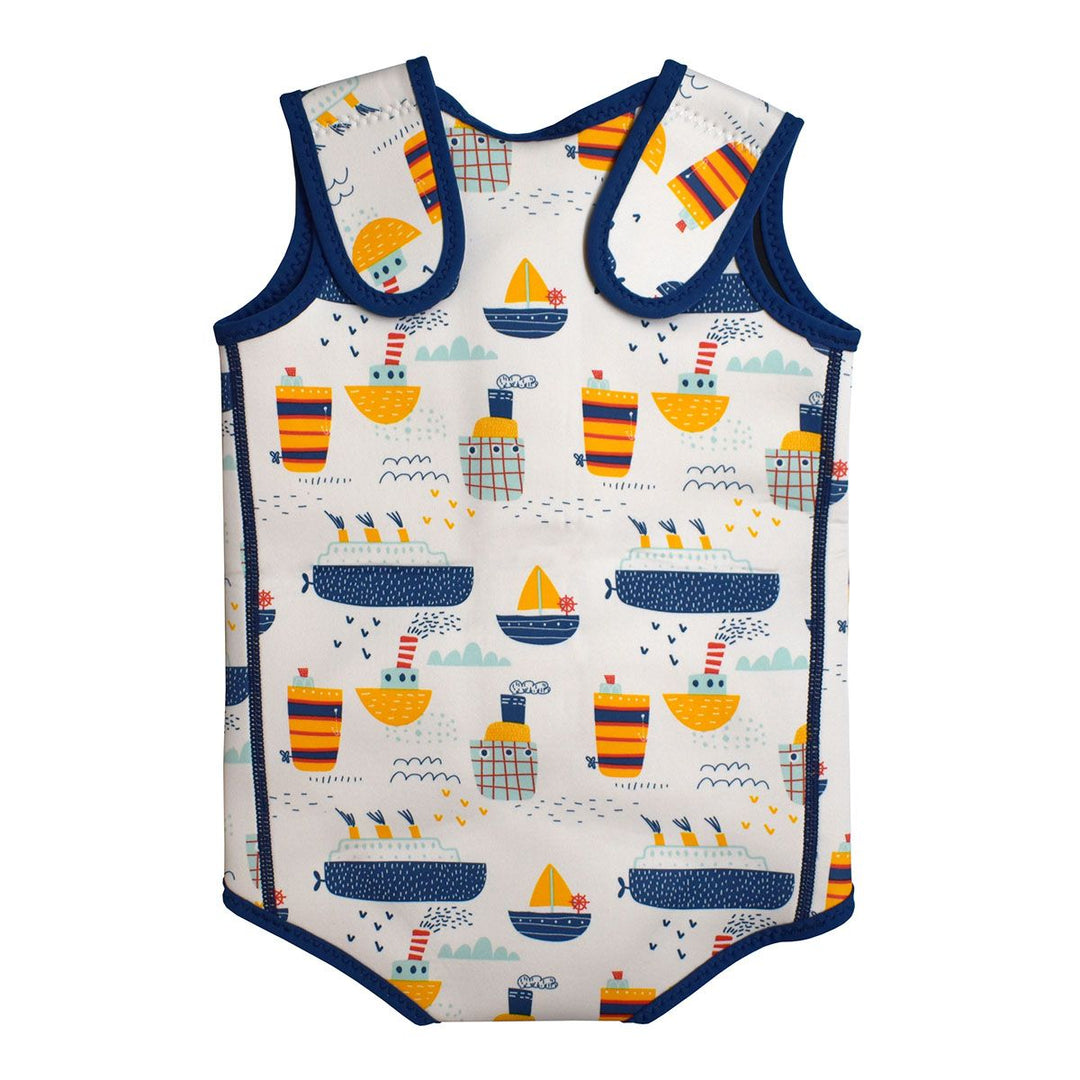 Neoprene baby wrap wetsuit in white with navy trims and boats themed print. Back.