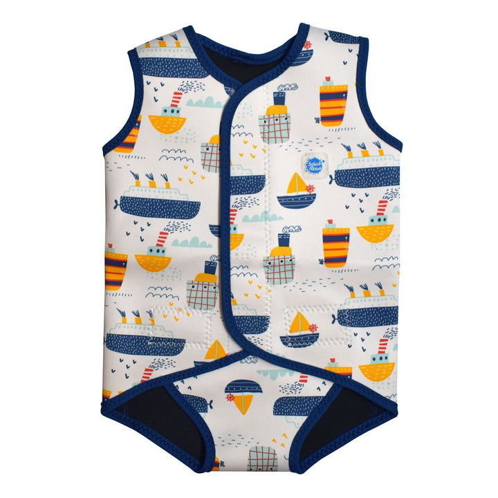 Neoprene baby wrap wetsuit in white with navy trims and boats themed print. Front.