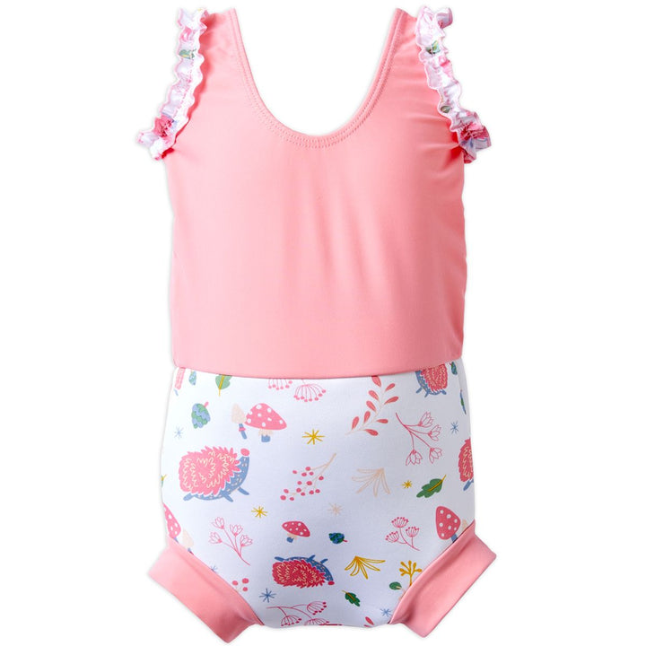 Happy Nappy Costume in pink and white featuring forest themed print, including hedgehogs, mushrooms and leaves. Back.