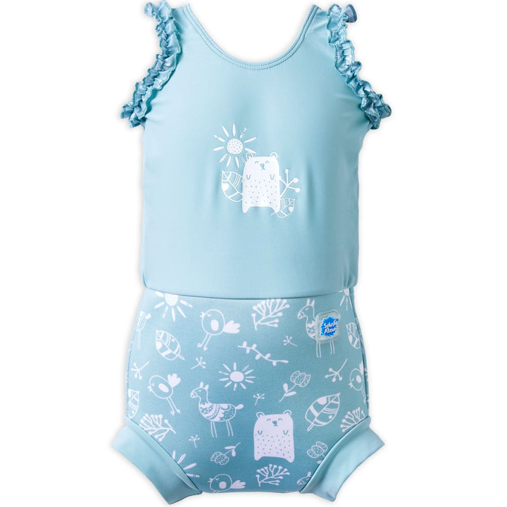 Happy Nappy Costume in greenish blue featuring animals themed print, including bears, birds and llamas. Front.