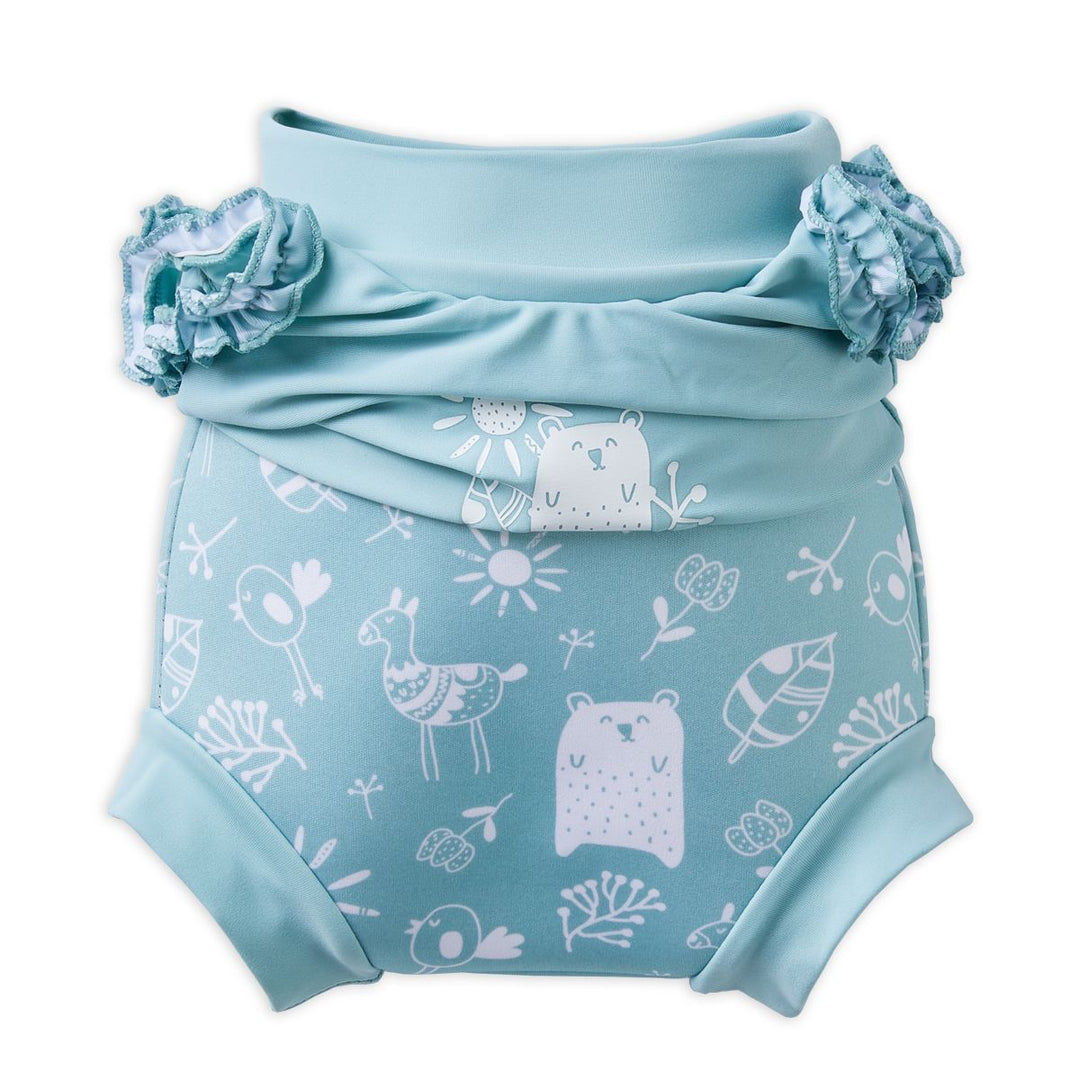 Happy Nappy Costume in greenish blue featuring animals themed print, including bears, birds and llamas. Back. The top has been scrunched down to reveal the built-in Happy Nappy underneath.