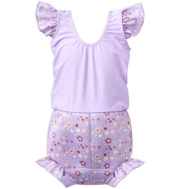 Happy Nappy Costume in lilac and floral themed print, featuring frills in arms and legs. Back.