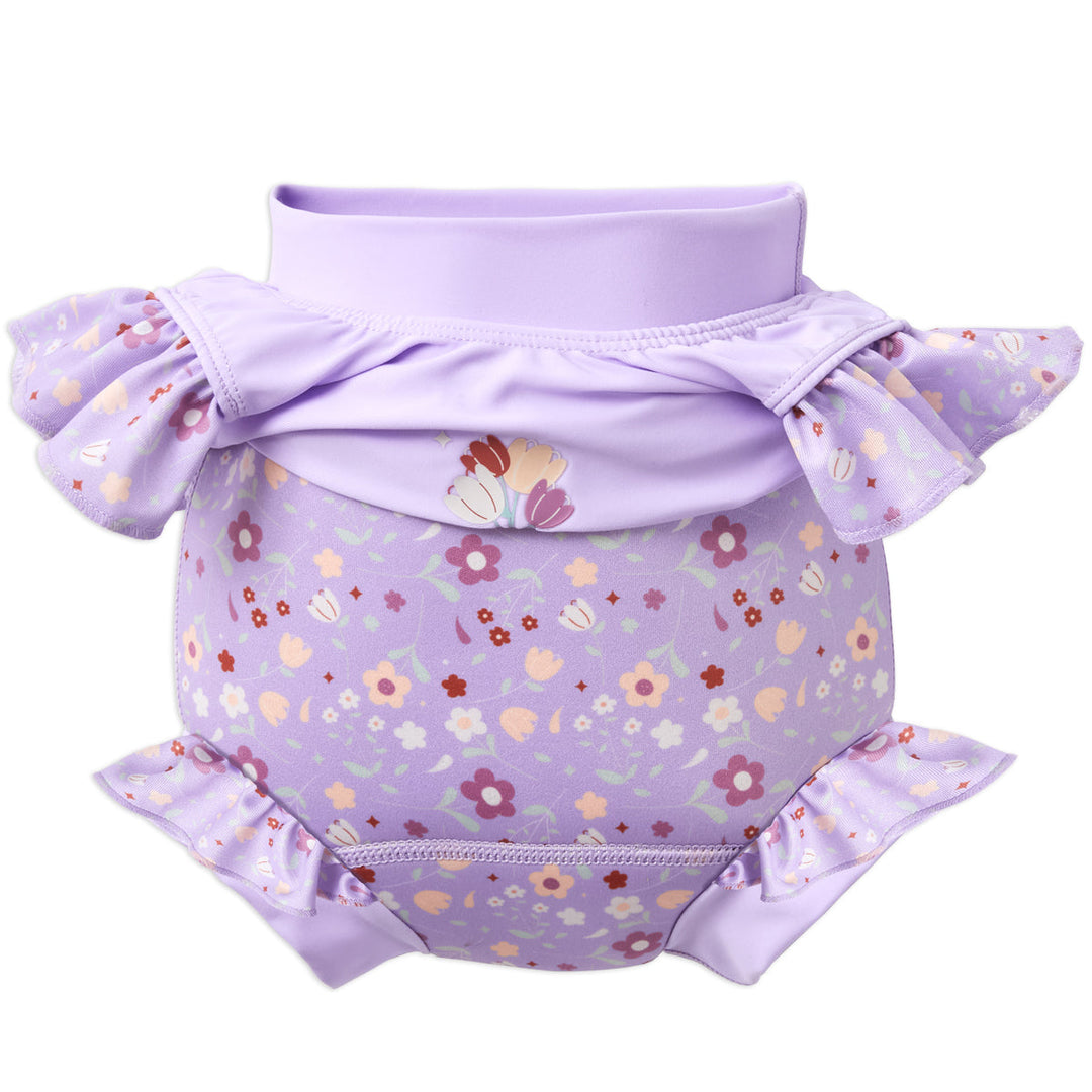 Rolled-down baby swim costume showing the integrated Happy Nappy inside, in a lilac floral design.