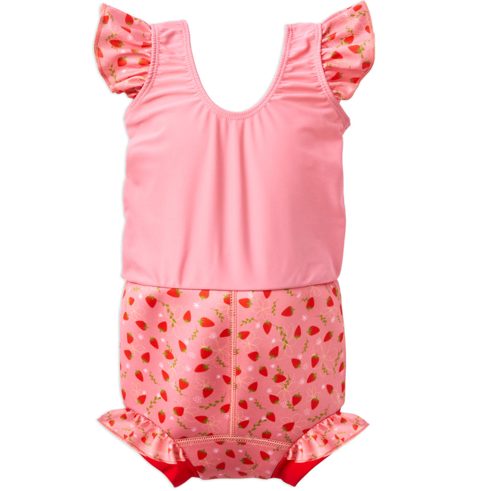 Happy Nappy Costume in pink with red trims and strawberries themed print, featuring frills in arms and legs. Back.