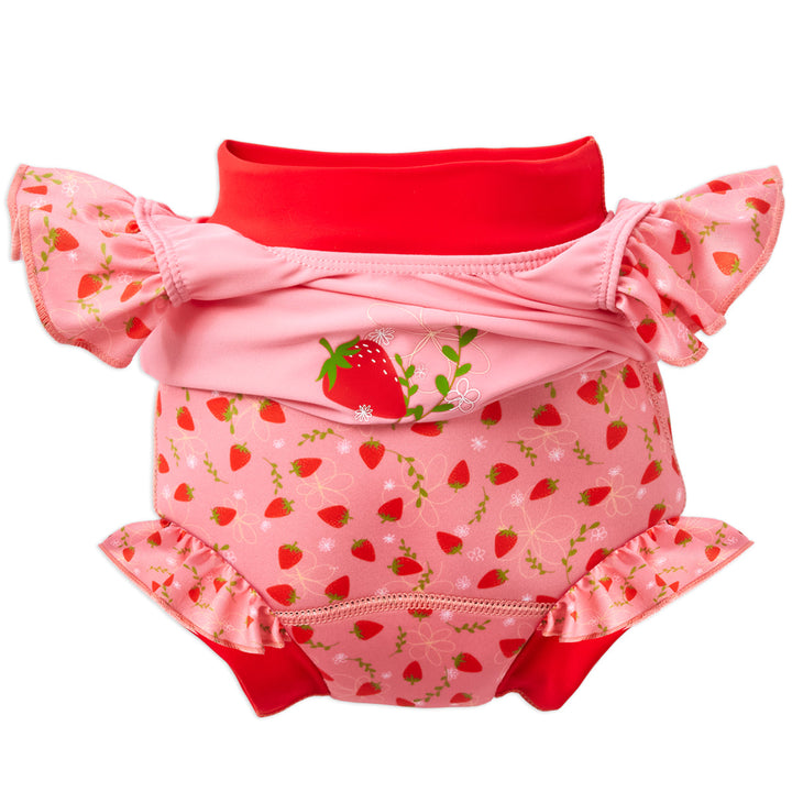 Rolled-down baby swim costume showing the integrated Happy Nappy inside, in a strawberries themed design.