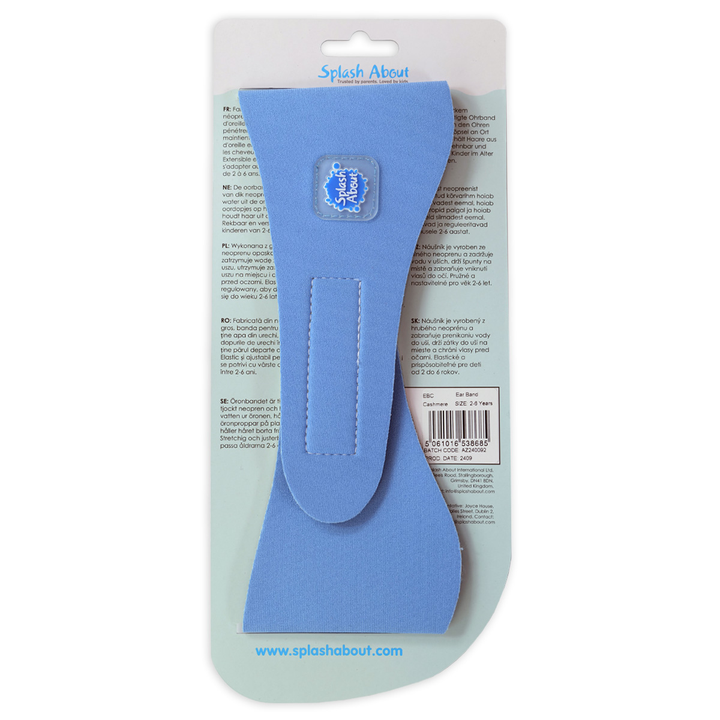 Swim ear band in cashmere blue with packaging, back