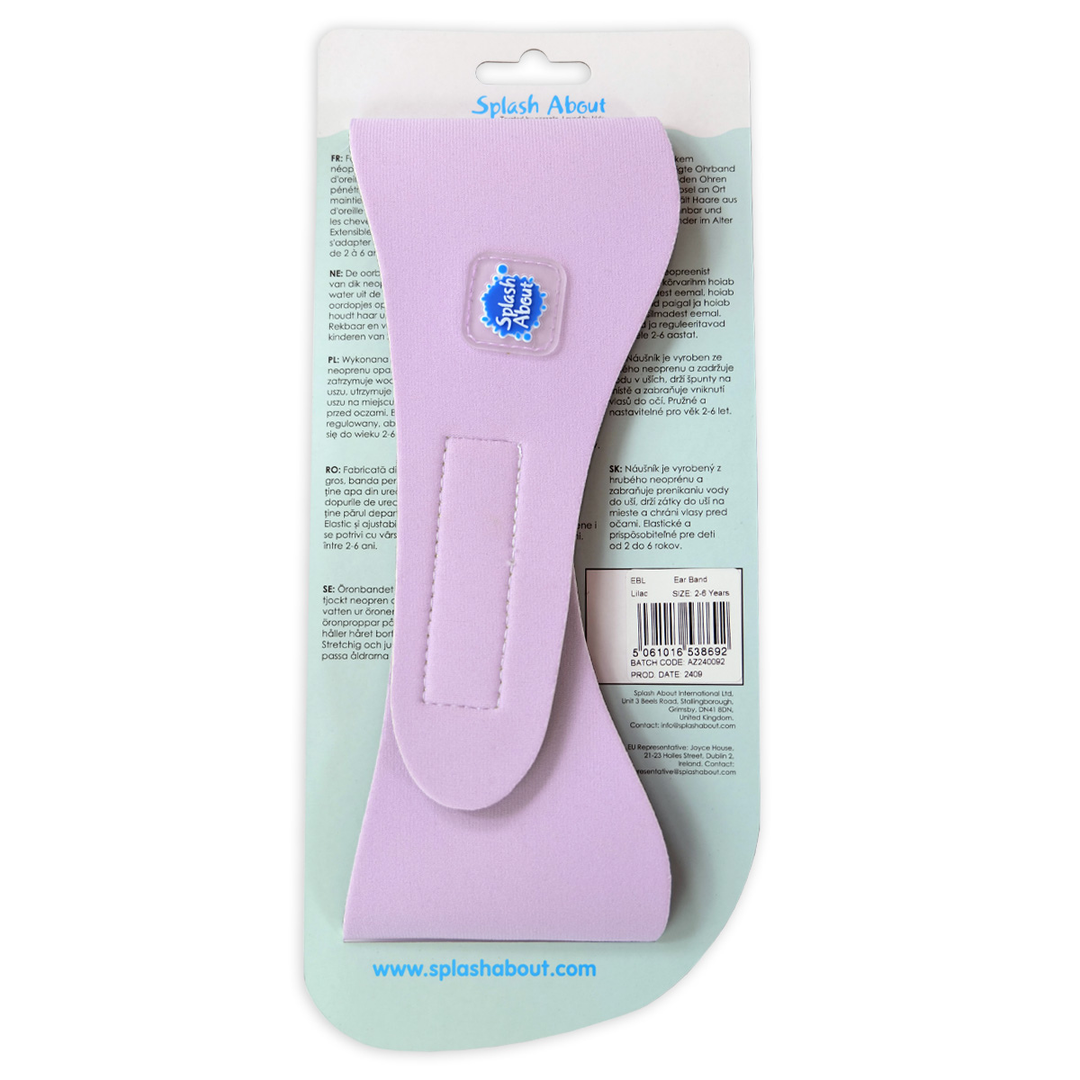 Swim ear band in lilac with packaging, back