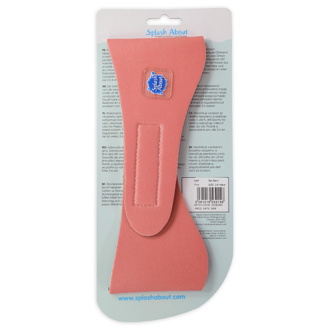 Swim ear band in pink with packaging, back