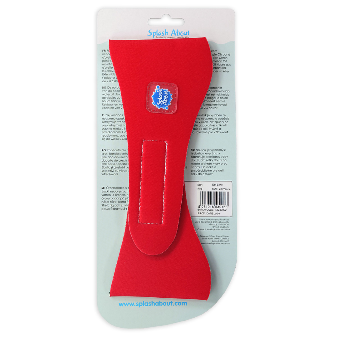 Swim ear band in red with packaging, back