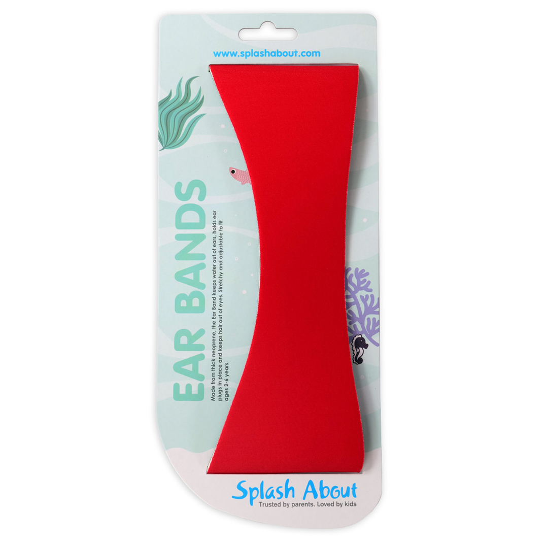 Swim ear band in red with packaging, front
